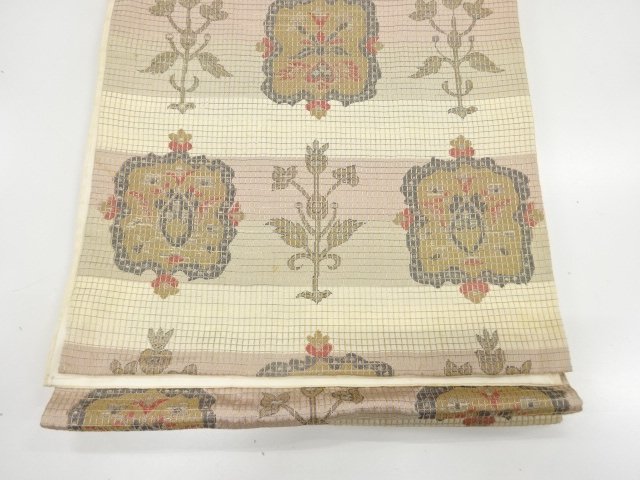  アンティーク　横段に花更紗模様織り出し袋帯（材料）